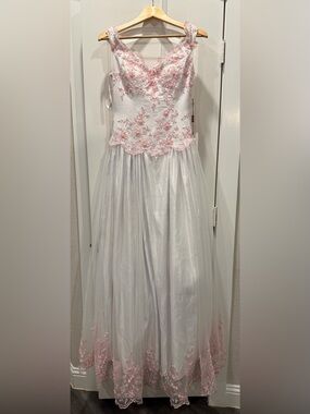 Milano White Gown with Pink Floral Appliqué